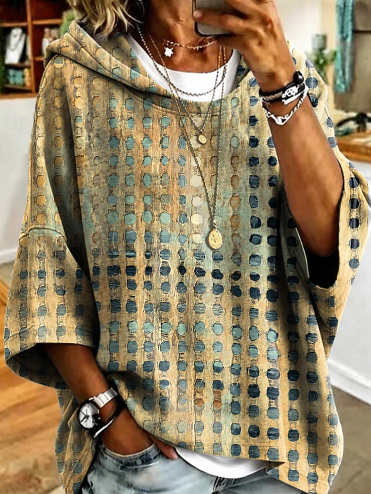 Women Vintage Dot Print Hooded Half Sleeve Loose Casual Pullover