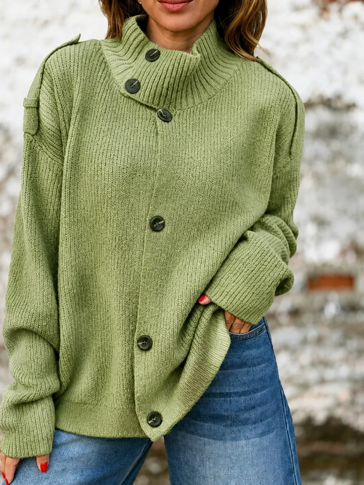 Women Turtleneck Button Front Loose Knit Cardigan Sweater