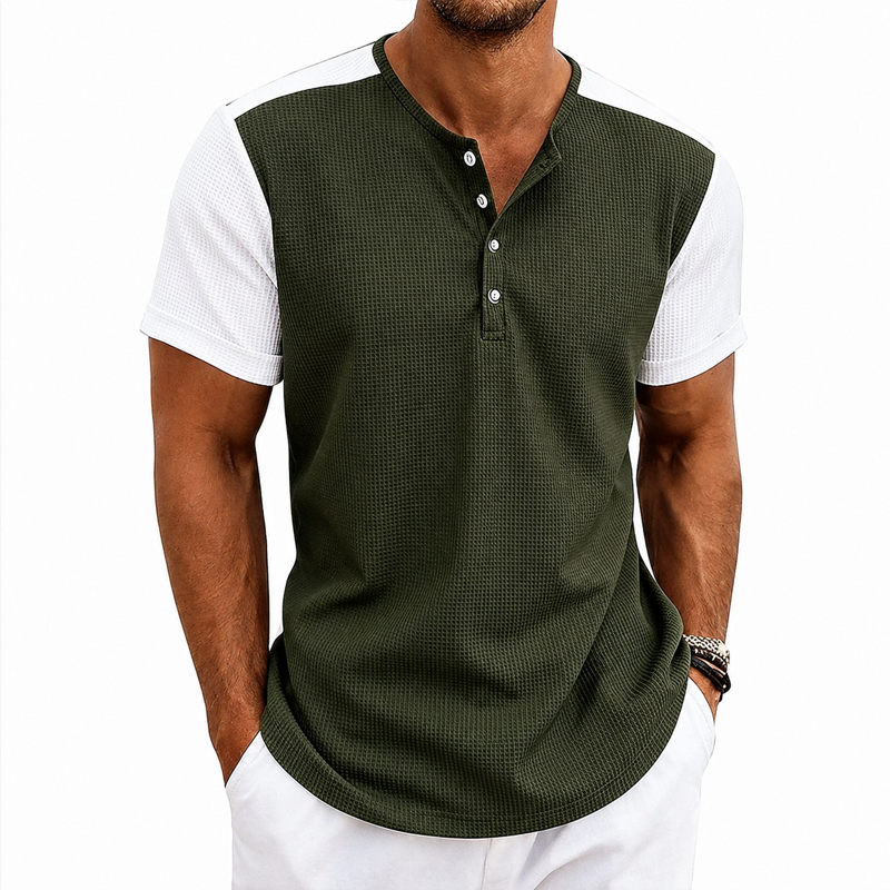 Men Waffle Knit Raglan Henley Contrast Sleeve Casual Short Sleeve T-Shirt