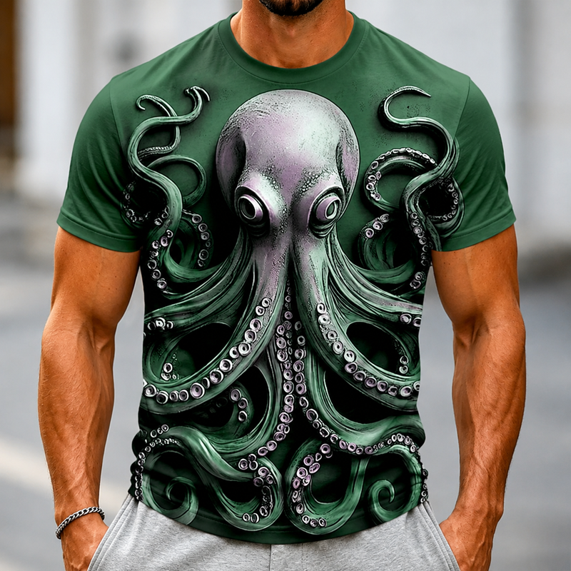 Men 3D Realistic Octopus Print Crew Neck Casual Short Sleeve T-Shirt