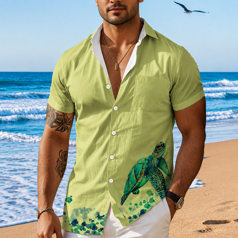 Men Watercolor Sea Turtle Print Camp Collar Button Down Beach Short Sleeve Shirt 