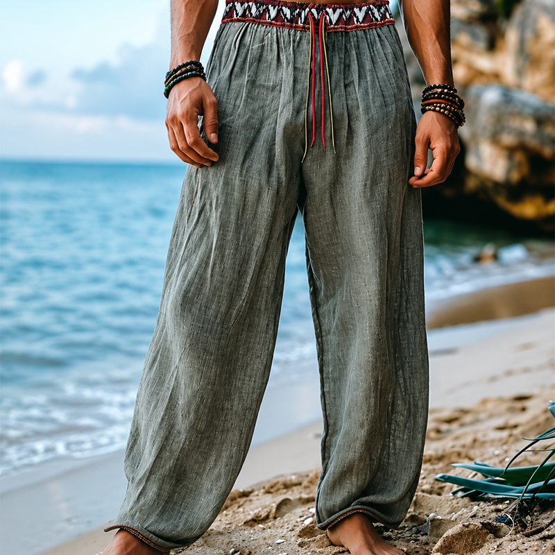 Men Blue Octopus Print Drawstring Waist Linen Blend Wide Leg Beach Long Pants