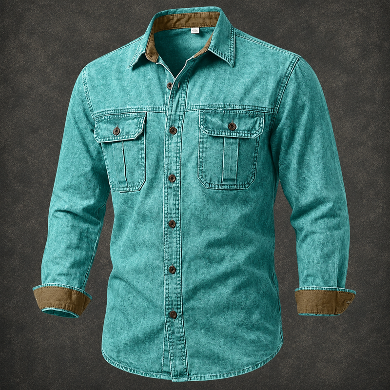 Men Acid Wash Denim Work Shirt Contrast Cuff Dual Chest Pocket Long Sleeve Shirt