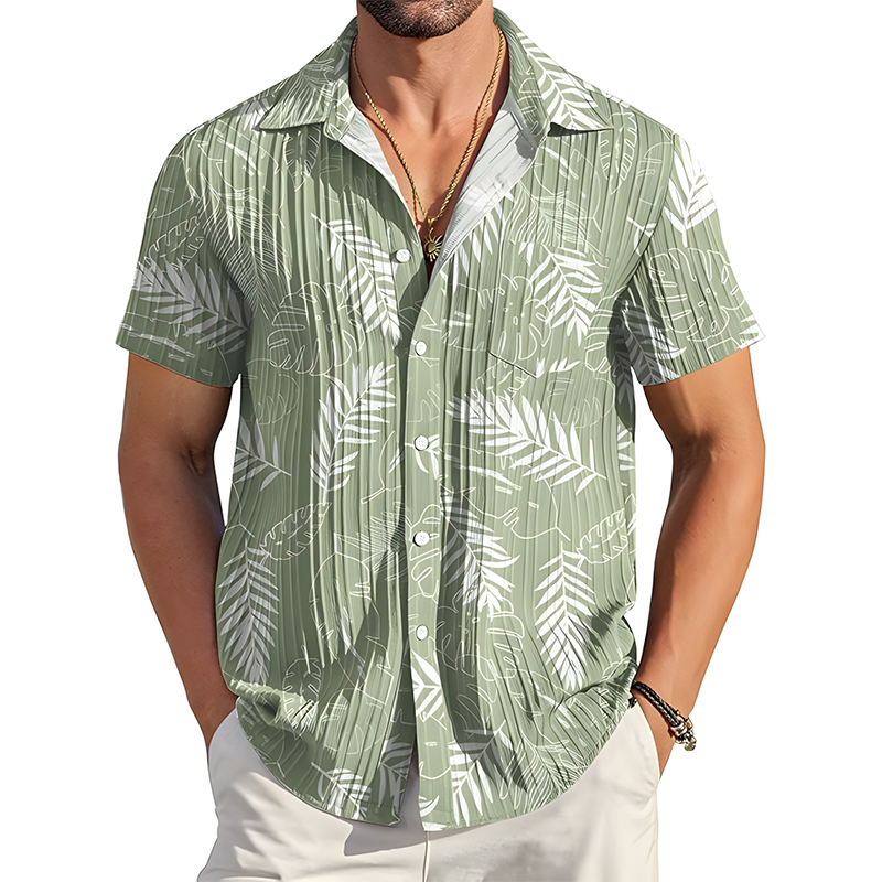 Men Vertical Ribbed Short Sleeve Button Shirt