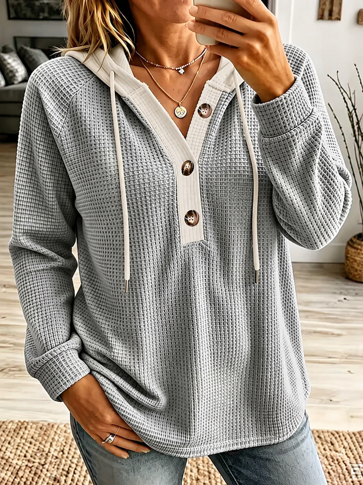 Women Waffle Knit Contrast Placket Hooded Henley Long Sleeve Sweatshirt
