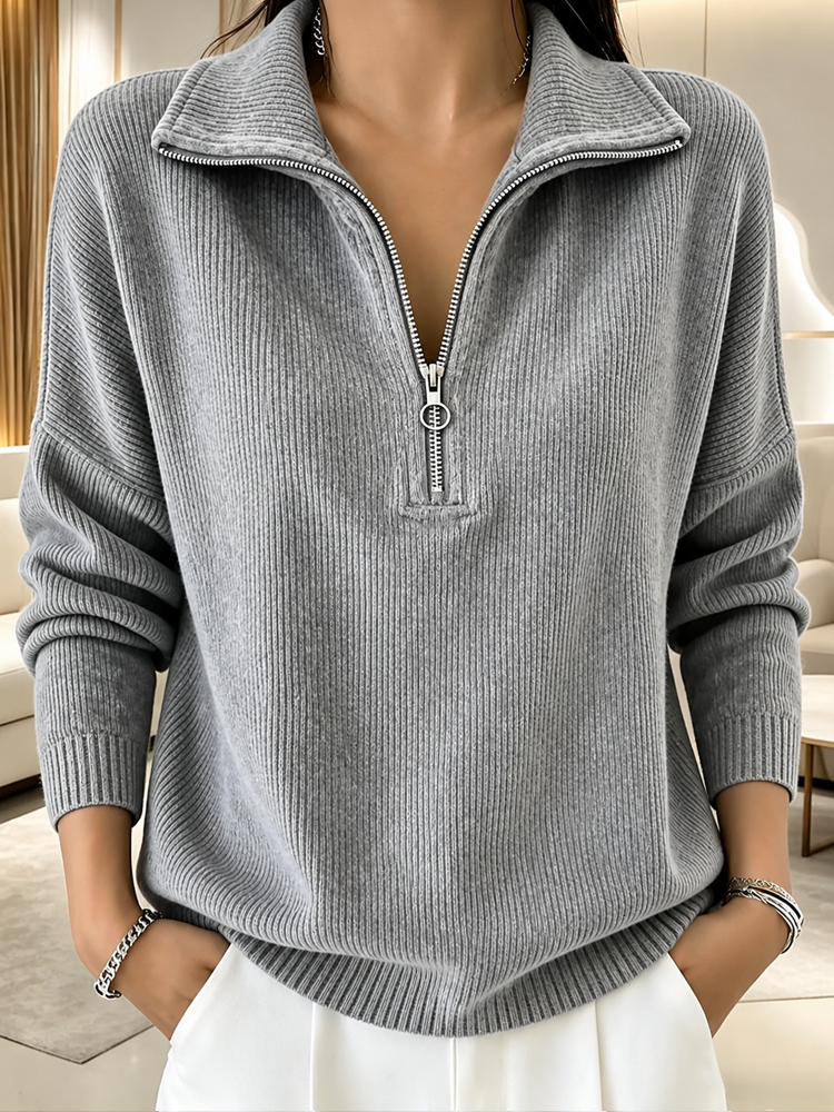 Women Half Zip Lapel Ribbed Knit Long Sleeve Sweater