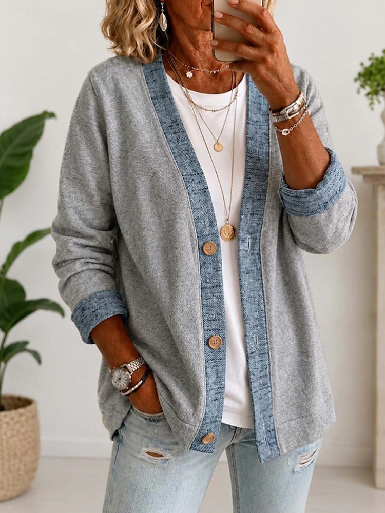 Women Denim Trim V Neck Button Long Sleeve Knit Cardigan