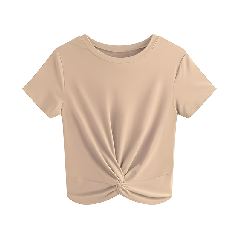 Women Casual Summer Short Sleeve T-Shirt, Round Neck Twist Front Hem Soft Cropped Tops Loose Fit Everyday Vacation Blouse