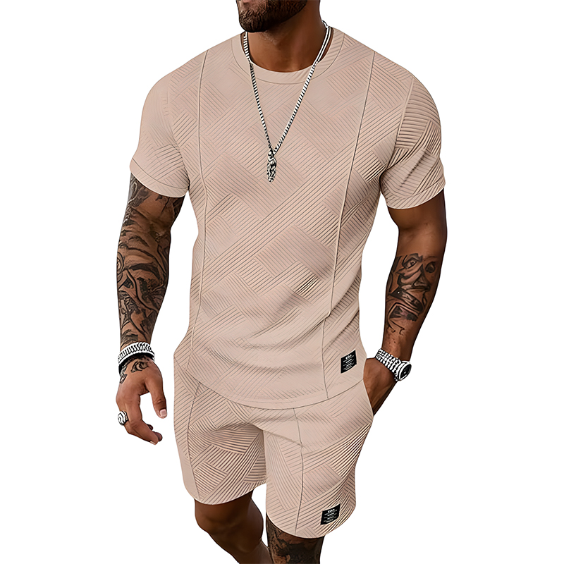 Men Jacquard Textured Tee & Shorts Casual Summer Set