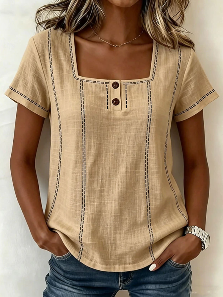Women Square Neck Contrast Stitch Henley Linen Blend Short Sleeve Top