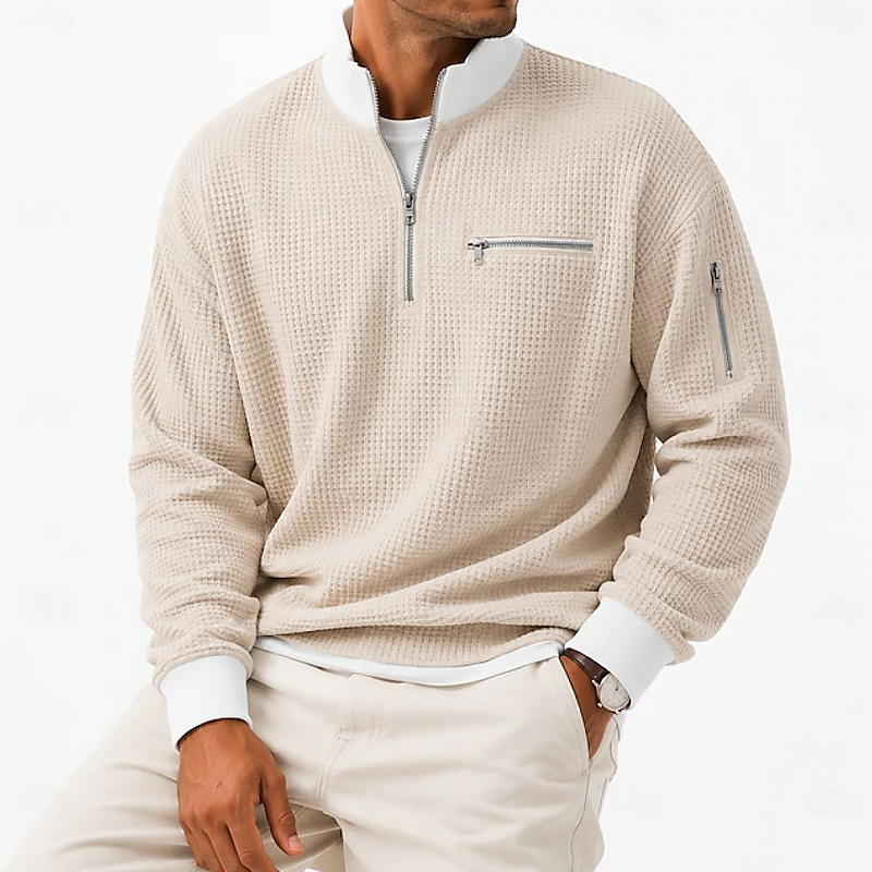 Men Waffle Knit Half Zip Mock Neck Multi Zipper Detail Long Sleeve Sweatshirt