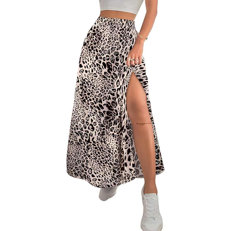 Women High Waist Elastic Ditsy Floral Slit Maxi Skirt