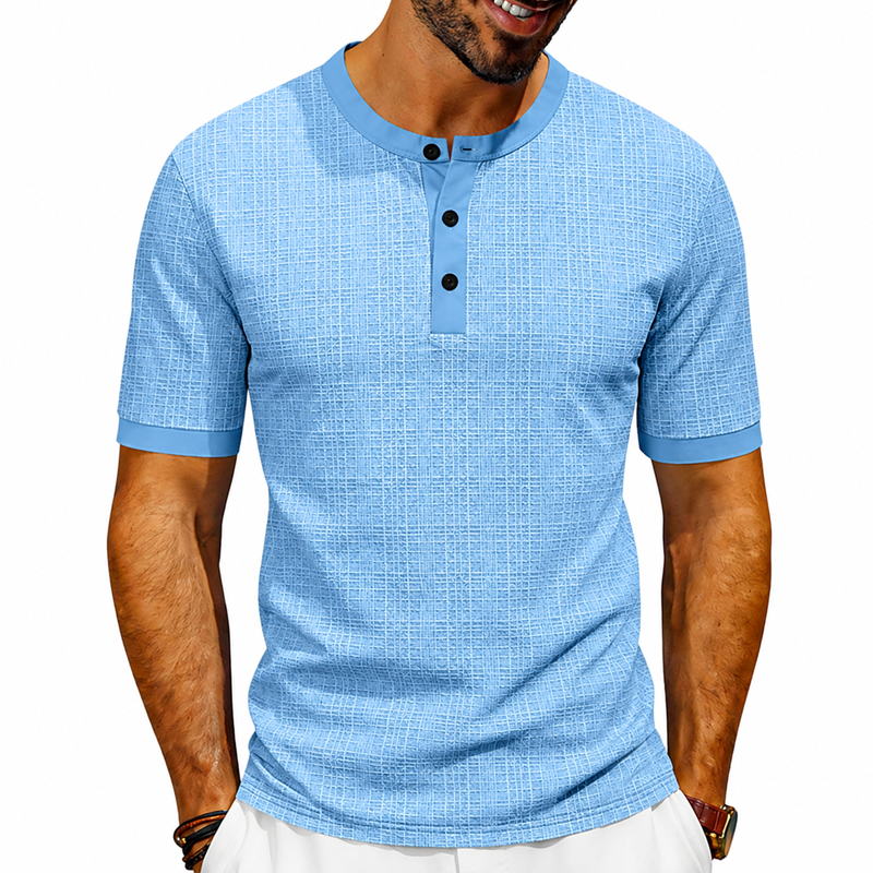 Men Fine Grid Texture Contrast Trim 3 Button Henley Neck Short Sleeve T-Shirt 