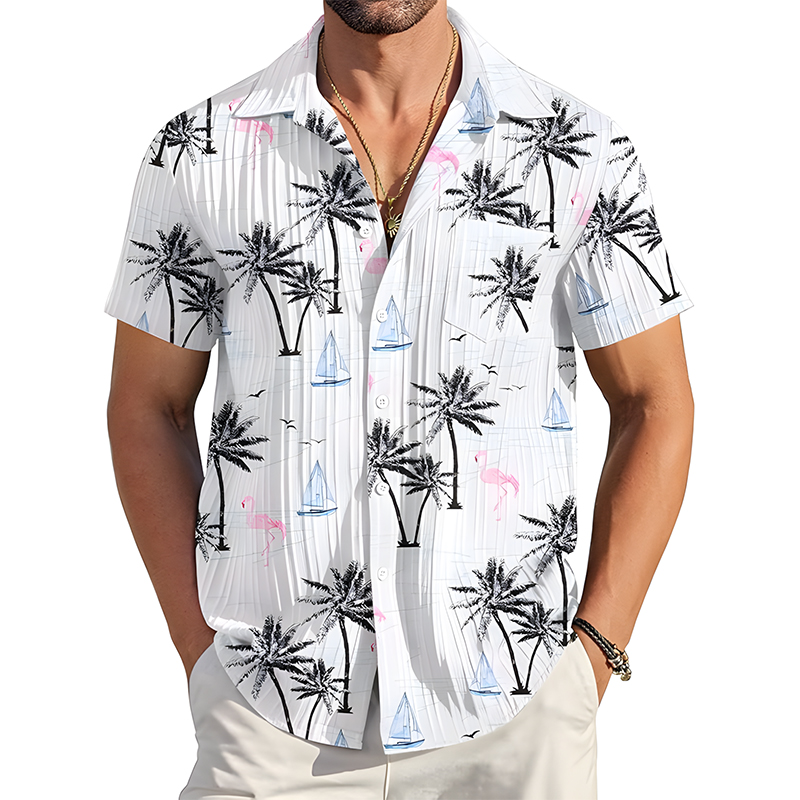 Men Vertical Ribbed Short Sleeve Button Shirt