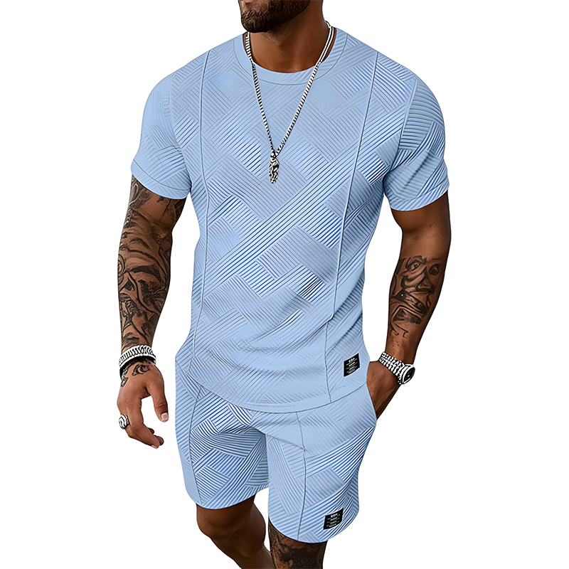 Men Jacquard Textured Tee & Shorts Casual Summer Set