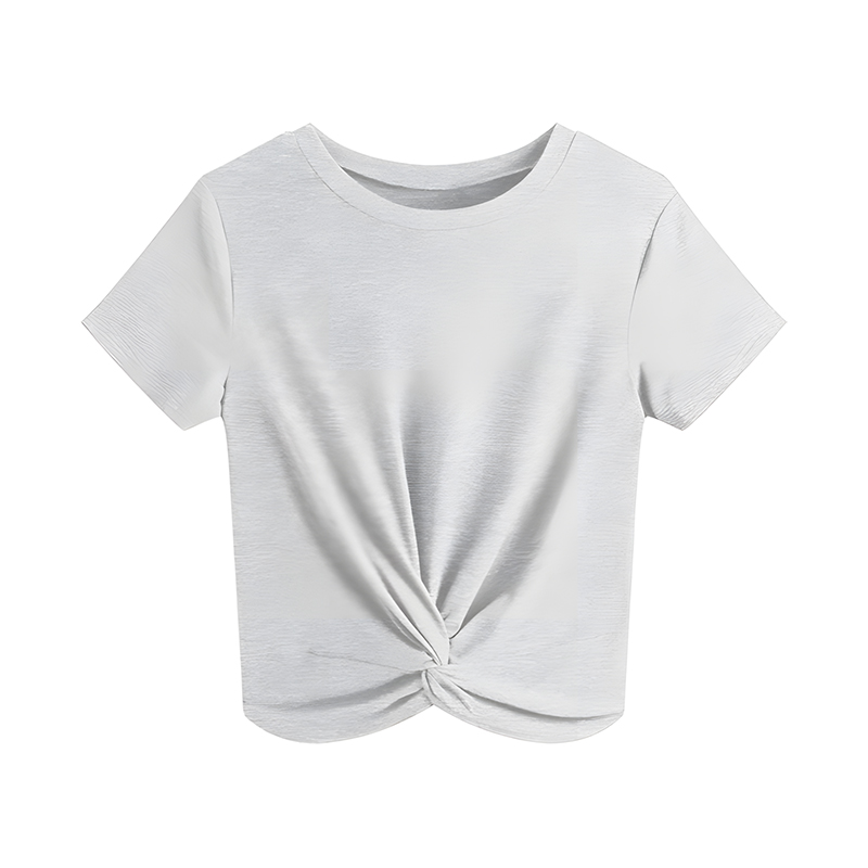 Women Casual Summer Short Sleeve T-Shirt, Round Neck Twist Front Hem Soft Cropped Tops Loose Fit Everyday Vacation Blouse
