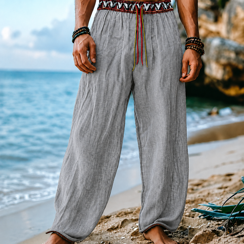 Men Blue Octopus Print Drawstring Waist Linen Blend Wide Leg Beach Long Pants