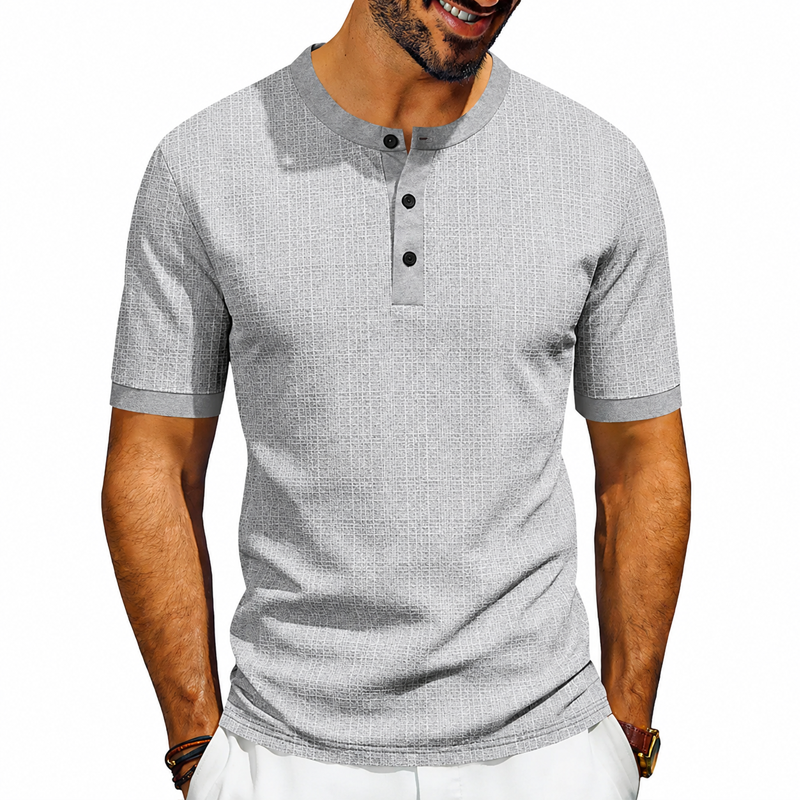 Men Fine Grid Texture Contrast Trim 3 Button Henley Neck Short Sleeve T-Shirt 