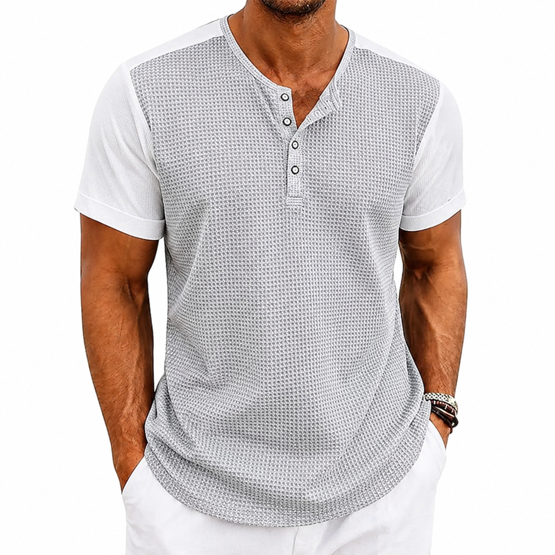 Men Waffle Knit Raglan Henley Contrast Sleeve Casual Short Sleeve T-Shirt