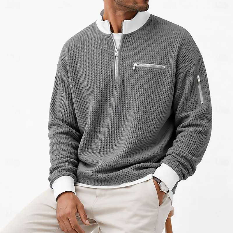 Men Waffle Knit Half Zip Mock Neck Multi Zipper Detail Long Sleeve Sweatshirt
