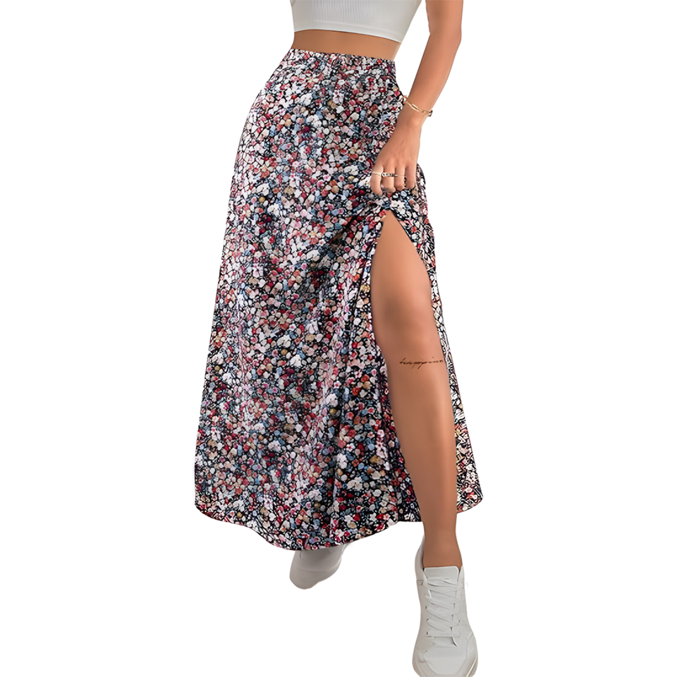 Women High Waist Elastic Ditsy Floral Slit Maxi Skirt