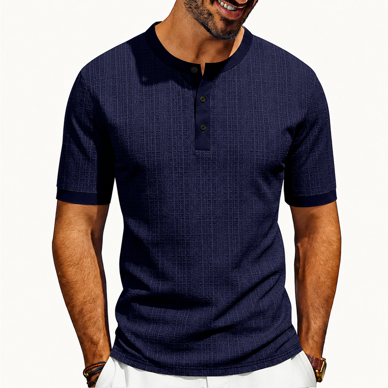 Men Fine Grid Texture Contrast Trim 3 Button Henley Neck Short Sleeve T-Shirt 
