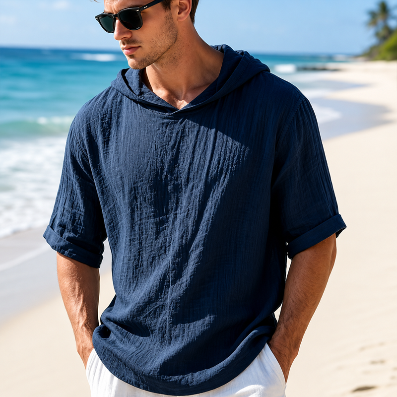 Men Linen Blend Hooded Roll Cuff Short Sleeve Casual Top 