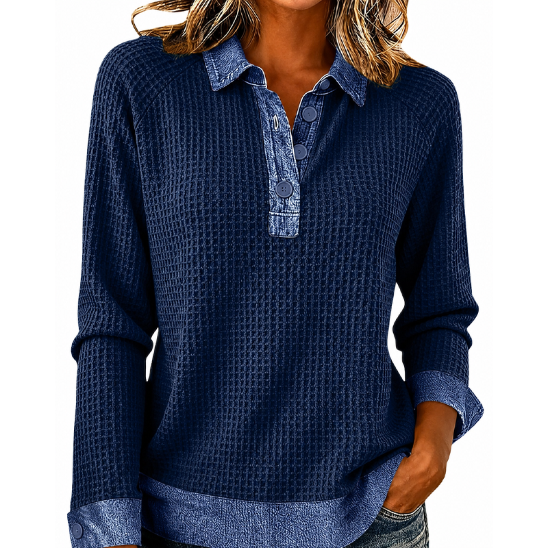 Women Waffle Knit Denim Collar Patchwork Long Sleeve Polo Top
