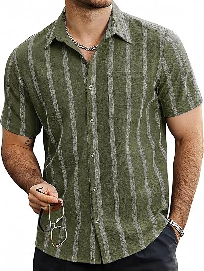 Vintage Vertical Stripe Textured Short Sleeve Shirt For Men