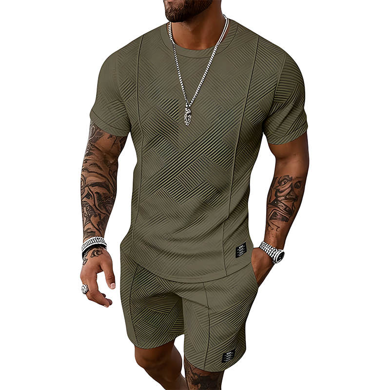 Men Jacquard Textured Tee & Shorts Casual Summer Set