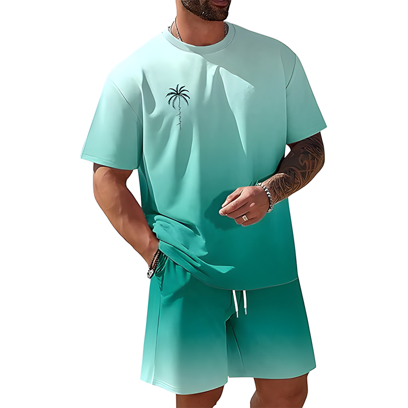 Men Gradient Palm Tree 2-Piece Beach Set