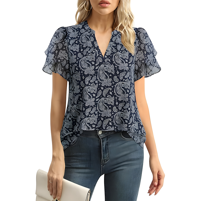 Women Swiss Dot Chiffon Petal Sleeve V Neck Blouse