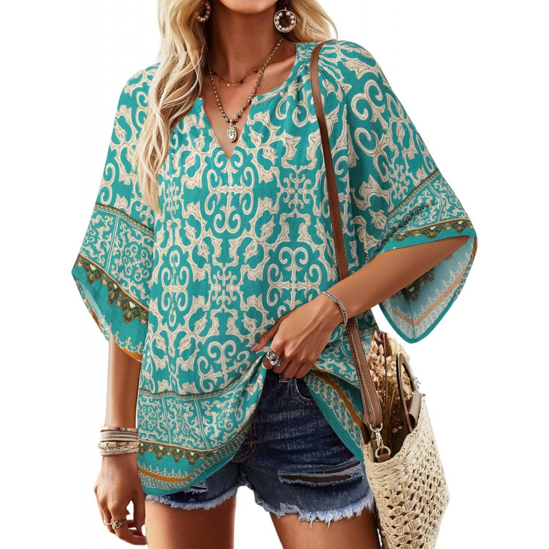 Vintage Boho Printed V Neck Flare 3/4 Sleeve Blouse For Women