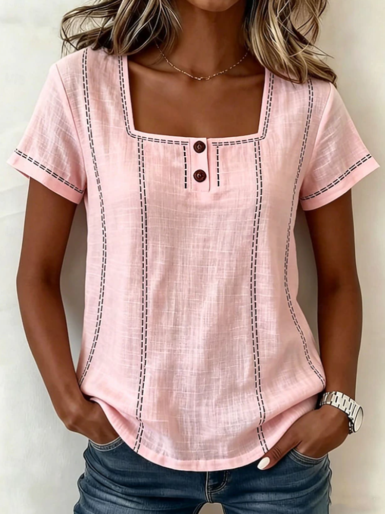 Women Square Neck Contrast Stitch Henley Linen Blend Short Sleeve Top