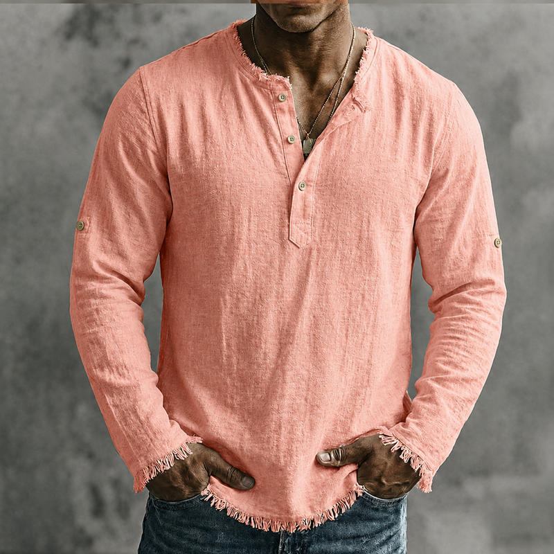 Men Fringe Raw Hem Notch Henley Roll Tab Sleeve Linen Blend Long Sleeve Shirt
