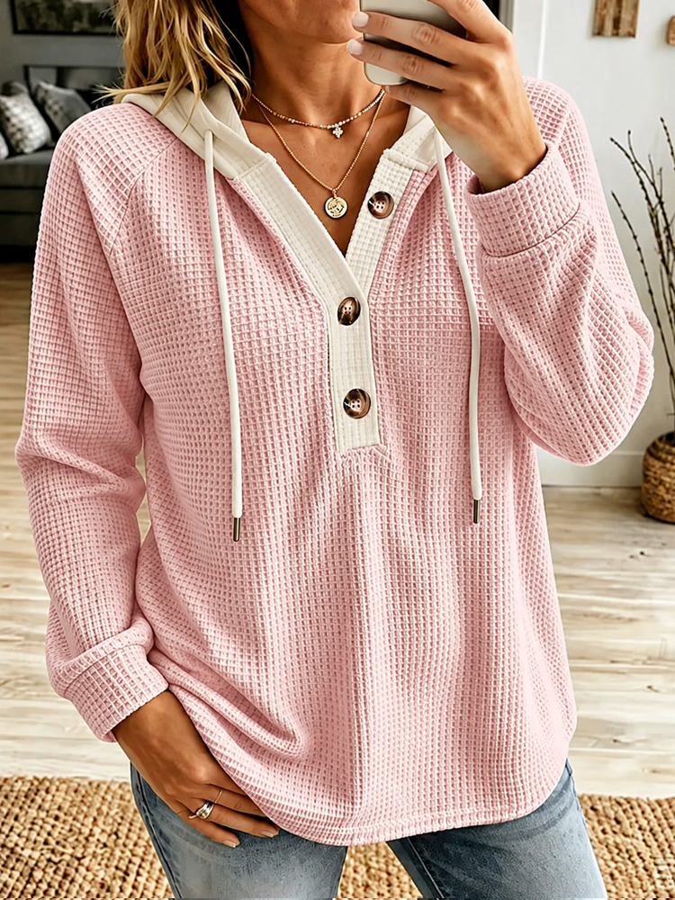 Women Waffle Knit Contrast Placket Hooded Henley Long Sleeve Sweatshirt