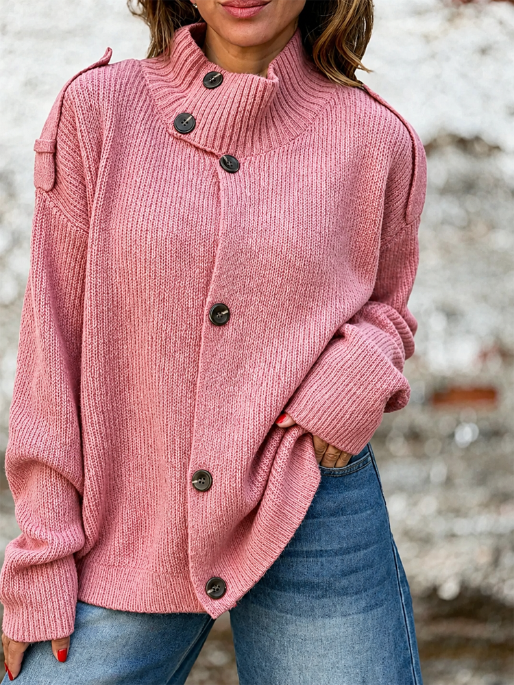 Women Turtleneck Button Front Loose Knit Cardigan Sweater