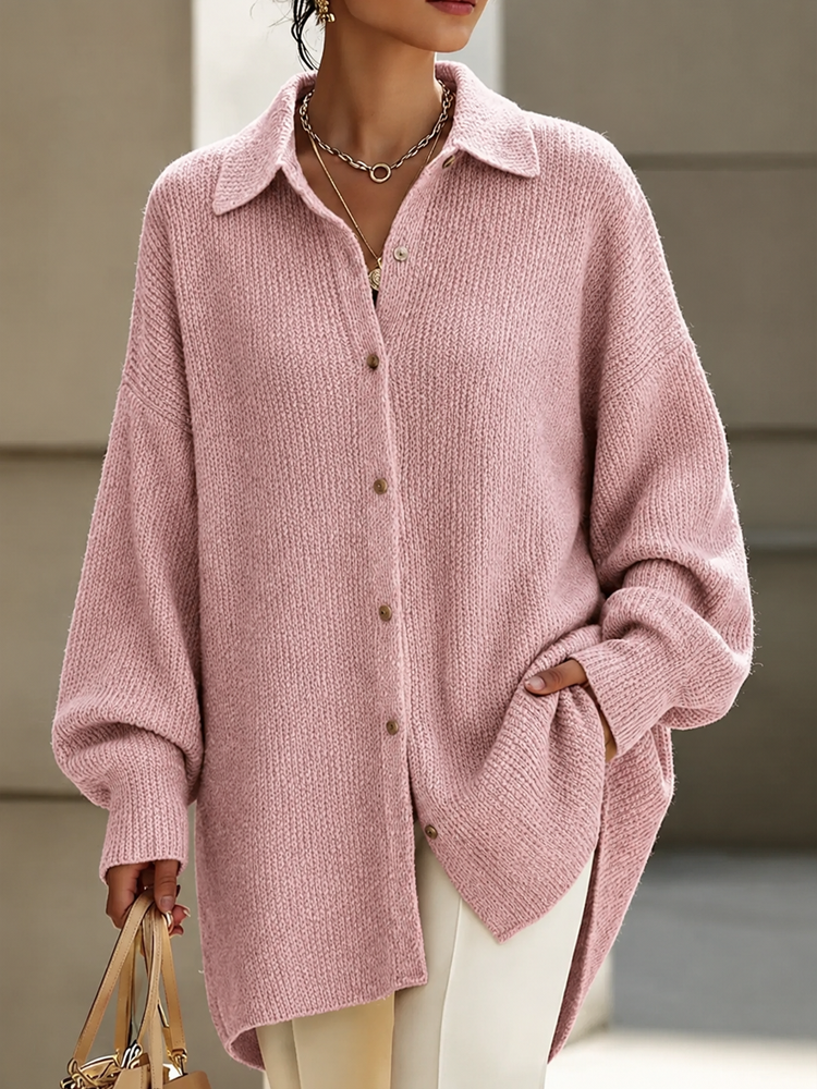 Women Oversized Collared Knit Button Down Cardigan Loose Long Sleeve Sweater Shirt