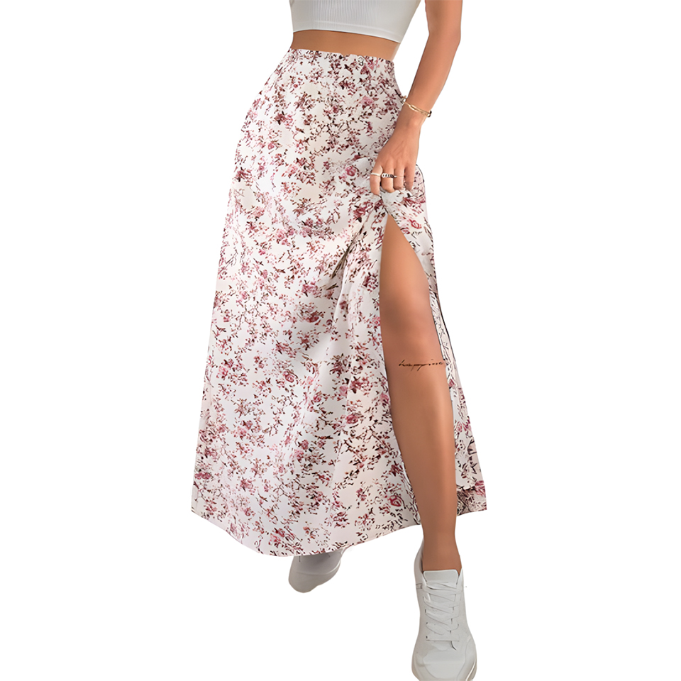 Women High Waist Elastic Ditsy Floral Slit Maxi Skirt