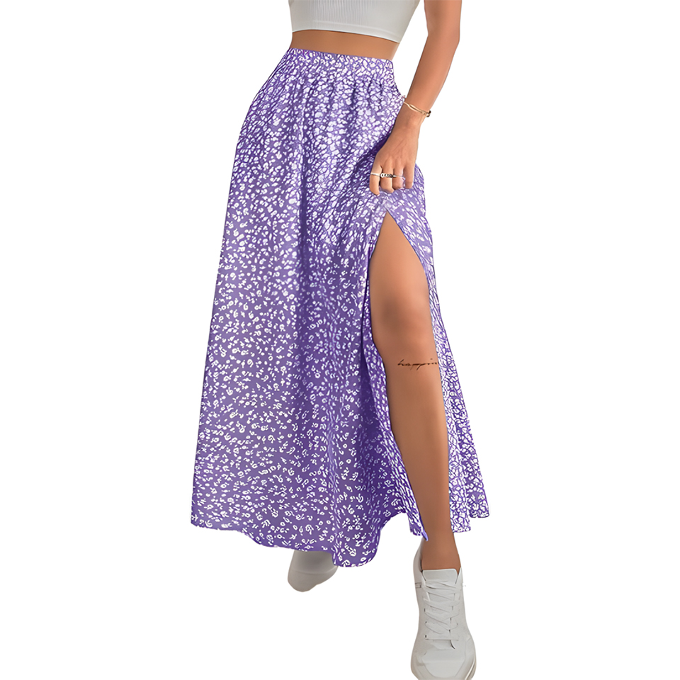 Women High Waist Elastic Ditsy Floral Slit Maxi Skirt