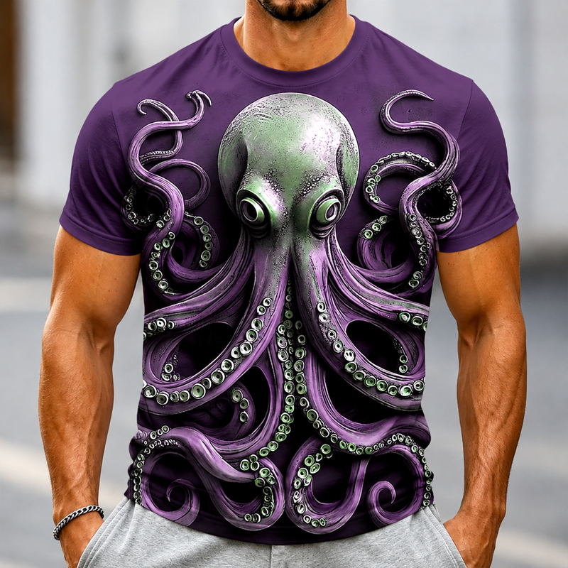Men 3D Realistic Octopus Print Crew Neck Casual Short Sleeve T-Shirt