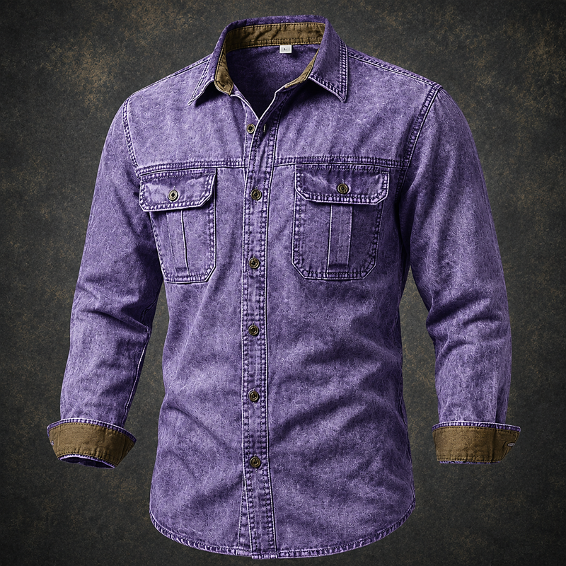Men Acid Wash Denim Work Shirt Contrast Cuff Dual Chest Pocket Long Sleeve Shirt