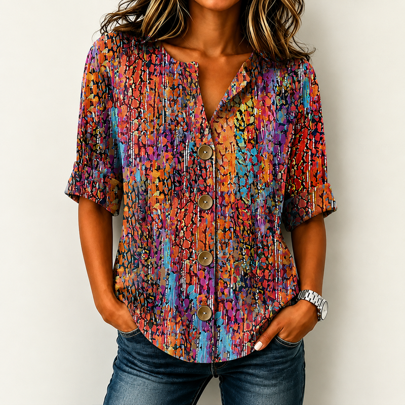 Women Watercolor Dot Print Notch Neck Button Front Roll Cuff Linen Blend Shirt