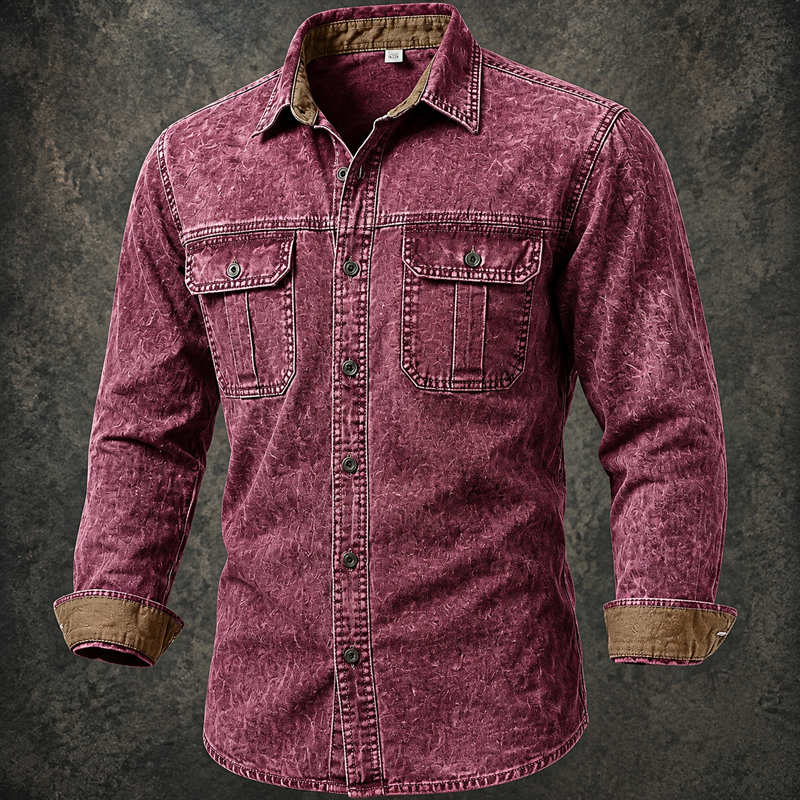 Men Acid Wash Denim Work Shirt Contrast Cuff Dual Chest Pocket Long Sleeve Shirt