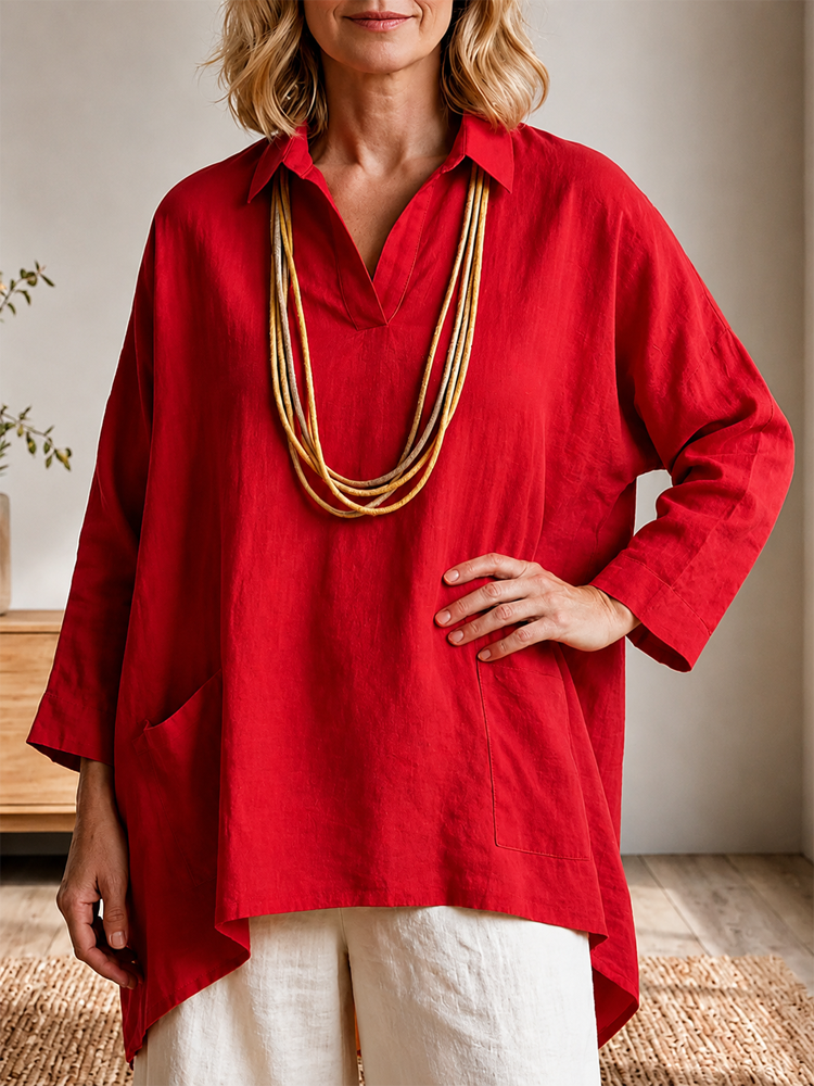 Women Linen Blend Notch V Collar Oversized 3/4 Sleeve Patch Pocket Tunic Blouse 