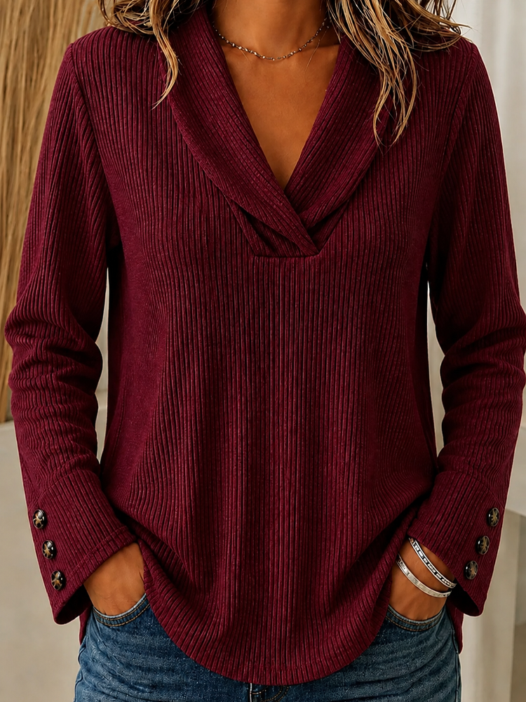 Women Ribbed Shawl Collar Surplice V Neck Long Sleeve Casual Blouse