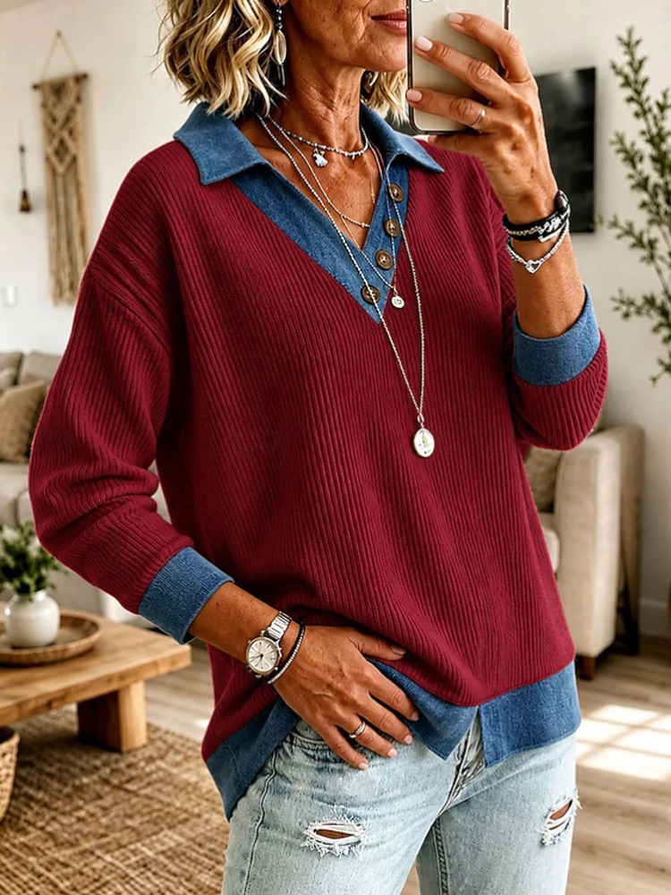 Women Color Block Polo V Neck Ribbed Knit Long Sleeve Top