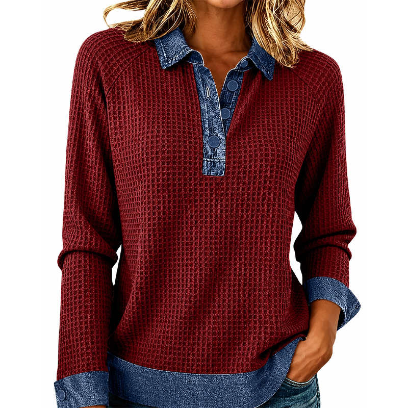 Women Waffle Knit Denim Collar Patchwork Long Sleeve Polo Top