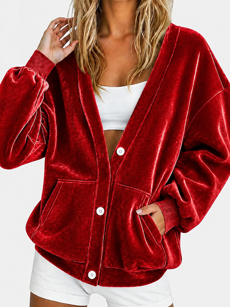 Women Velvet V Neck Button Front Pocket Loose Cardigan Jacket