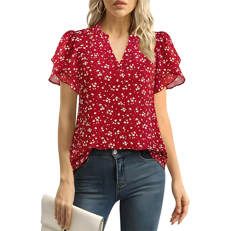 Women Swiss Dot Chiffon Petal Sleeve V Neck Blouse